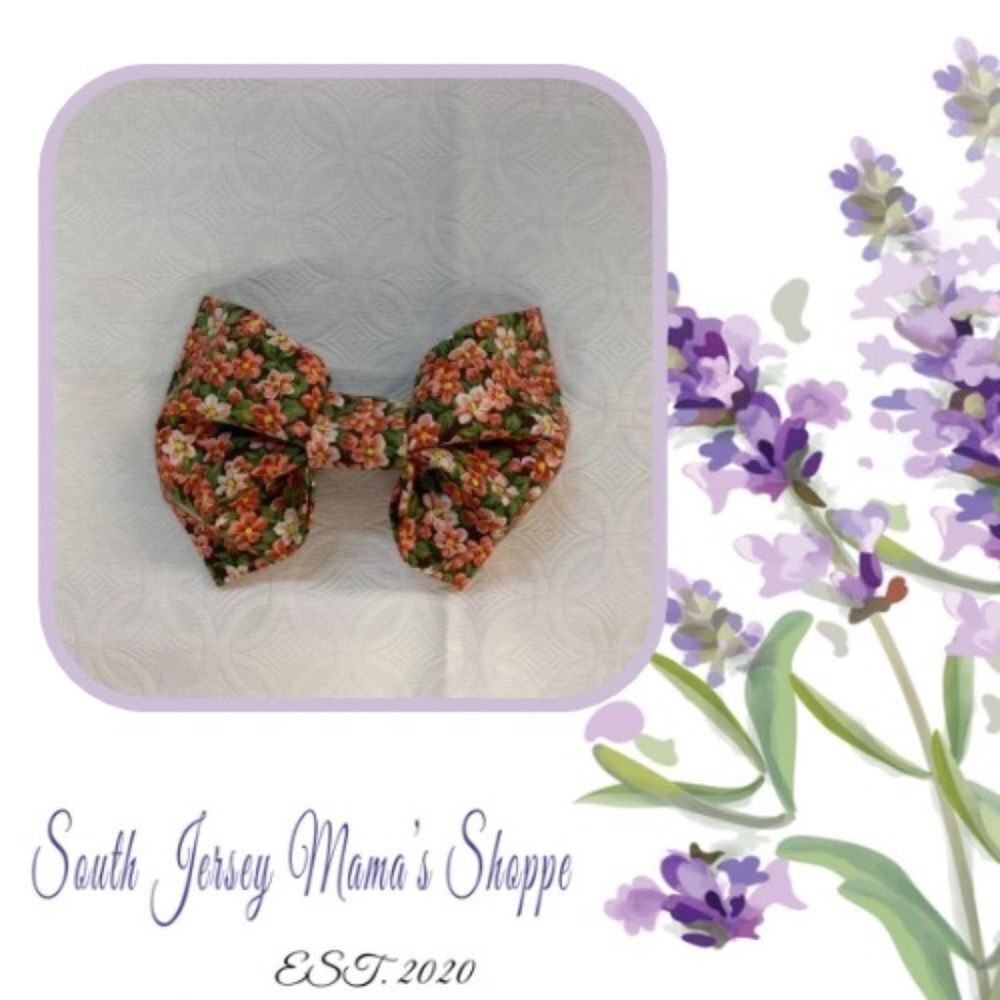 Vintage Fabric Bow Black & Tiny Salmon Flowers & Hunter Green Leaves 100% Cotton
